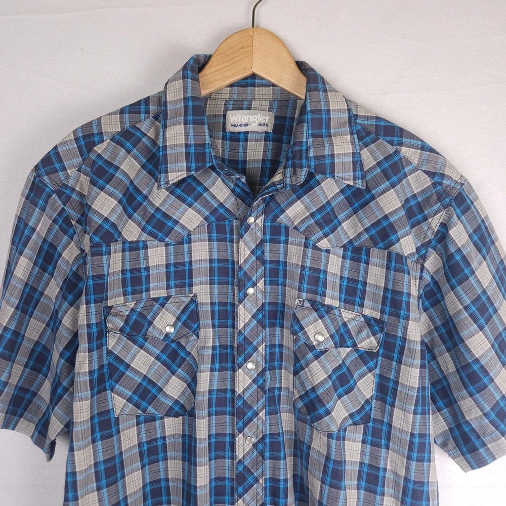 Vintage Wrangler‎ Wrancher Pearl Snap Shirt XL Blue Plaid Short Sleeve Western - Picture 2 of 8